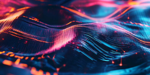 A high-tech abstract background featuring glitching holographic textures interwoven with neon digital noise. The shifting colors and fluid reflections enhance the futuristic cybernetic ambiance.