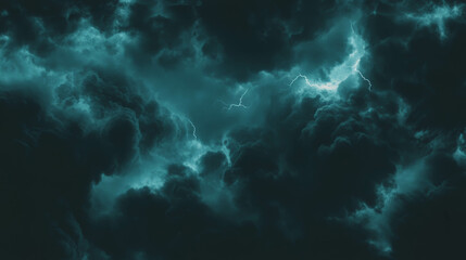 Dramatic stormy sky with dark clouds and striking lightning in turbulent weather
