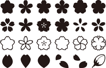 春の桜のアイコン素材集（ベクター、黒）  © Umechi