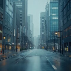 Obraz premium empty streets in Tokyos commercial district, with no cars or people, and a slight mist adding an ethereal quality to the scene