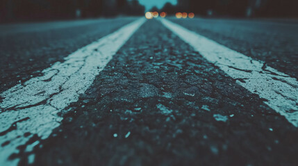 Dark and cracked asphalt road texture with white lines at night