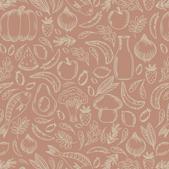 Naklejka premium Farmer's market seamless pattern with line icons. Fruits, vegetables, honey, eggs, meat and fish