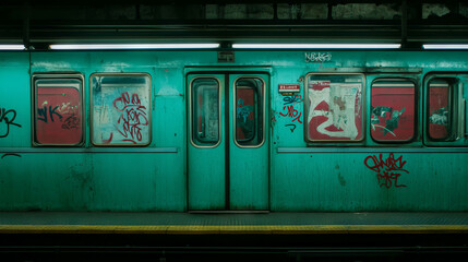 Obraz premium Urban street art on graffiti covered train car in underground setting
