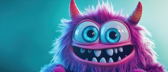 Fototapeta premium Colorful cartoon monster with big eyes and silly grin, playful and whimsical character design, suitable for childrens media, animation, and fun graphics.