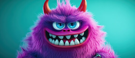 Colorful cartoon monster with big eyes and sharp teeth smiling against a bright background, fun character design for animations or childrens projects.
