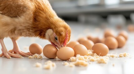 A playful chicken interacts with a cluster of eggs, reflecting the joy and simplicity of farm life while highlighting the natural connection between animals and their products.