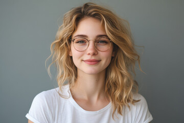 Obraz premium Smiling Woman with Glasses on Gray Background Copy Space