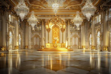 Fototapeta premium A grand palace ballroom 3D background featuring a luxurious golden podium at the center. Crystal chandeliers hang above a gleaming marble floor, as elegantly dressed guests prepare for an extravagant