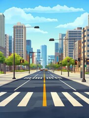 Fototapeta premium Cartoon city crossroads with traffic lights, sidewalk, crosswalk and urban landscape. Empty roads for car traffic illustration