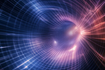 Fototapeta premium A futuristic 3D abstract background featuring a tunnel of infinite glowing grids, illuminated with shifting neon gradients. The high-tech motion and reflections create a sense of rapid acceleration