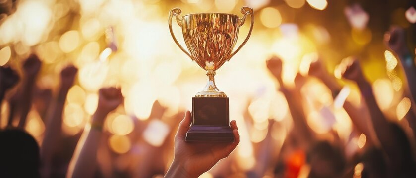 Crowd of cheering people celebrating victory with hands raised in excitement holding trophy at outdoor event under bright sunlight.