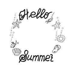 hello summer lettering palm tree and lemonade citrus shell calligraphy round frame vector graphics doodle hand drawn illustration base for textile design tableware and printing