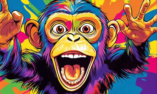 crazy monkey on colorful vibrant background illustrated animation