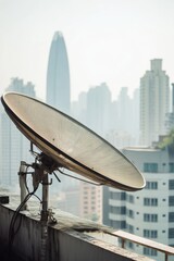 Obraz premium Satellite dish on rooftop with city skyline in background, urban technology, telecommunications, broadcasting equipment, modern architecture, high-rise buildings.