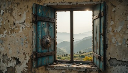 Rustic Blue Window Open to Scenic Mountain View Old Building Exterior Distressed Paint Tranquil Landscape