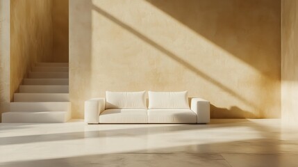 Modern living room with a white sofa and copy space on a beige wall background. Minimalist home interior design of a modern apartment.