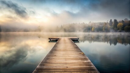 Serene Dawn Wooden Dock Extending into Misty Lake with Autumnal Trees Reflecting on Calm Water