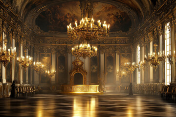 Obraz premium A grand Renaissance ballroom 3D background featuring a luxurious golden podium in an opulent hall. Ornate chandeliers cast a warm glow over intricately designed frescoes, as elegantly dressed figures