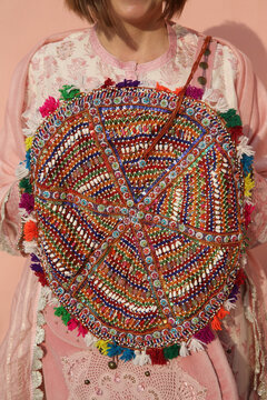 Rabari traditional national embroidery, old needlework. Beautiful embroidered carpet. Folk costume, dress, Rabari tribal art. Village, India. Indian tradition, culture. Rabari tribe market, bazaar