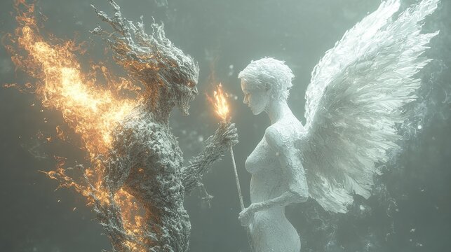 Angel and demon sharing a burning ember.  A symbolic image of opposing forces, light and darkness, meeting.