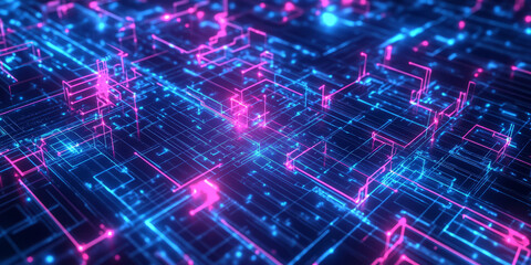 Obraz premium A dynamic 3D abstract background showcasing interconnected glowing circuits forming a vast digital landscape. The pulsating neon blue and pink lights create an immersive high-tech futuristic aesthetic
