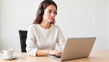 Focused woman working on laptop with headphones, productivity concept