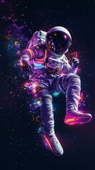 Fototapeta premium A vibrant, floating astronaut in space, surrounded by a spectrum of dazzling colors, symbolizing exploration, freedom, and the infinite possibilities of the universe. This concept captures the awe-ins