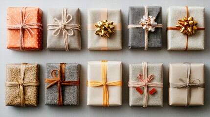 Beautifully wrapped gifts arranged in rows, showcasing a variety of textures and colors.