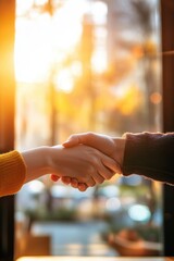 Obraz premium Handshake between two business professionals in a bright office setting, symbolizing partnership, collaboration, and teamwork in a modern working environment.