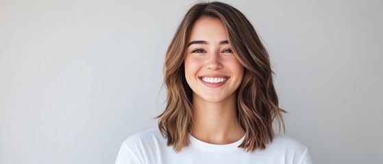 Happy young woman smiling at camera with casual outfit in studio, cheerful expression, positive emotions, lifestyle portrait, joy, friendship, confidence.
