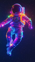 Fototapeta premium A vibrant, floating astronaut in space, surrounded by a spectrum of dazzling colors, symbolizing exploration, freedom, and the infinite possibilities of the universe. This concept captures the awe-ins