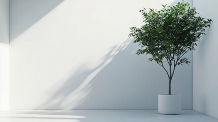 Obraz premium Minimalist room, potted plant, sunlight, white wall, interior design