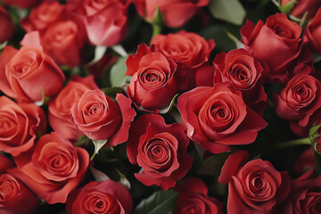Obraz premium Crimson Elegance: A vibrant close-up showcasing a luxurious bouquet of ruby-red roses, each petal meticulously captured, exuding romance and passion.