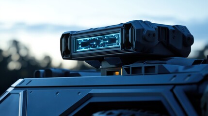 Detailed close up view of an advanced anti drone laser defense system mounted on top of an armored military vehicle