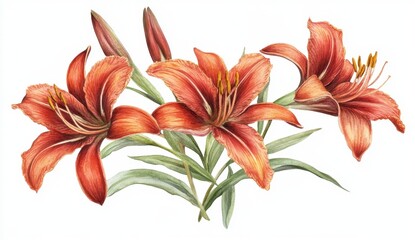 Fototapeta premium Beautiful Orange Lilies with Green Leaves on White Background
