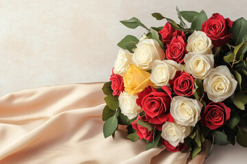 Bouquet of Roses: A lavish bouquet of vibrant red, white, and yellow roses rests elegantly on a delicate silk cloth.