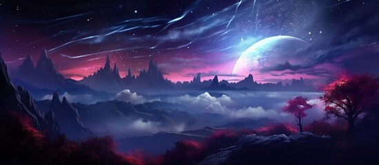 Fototapeta premium Fantasy starry sky night with mountain and lake milky way landscape. AI generated image