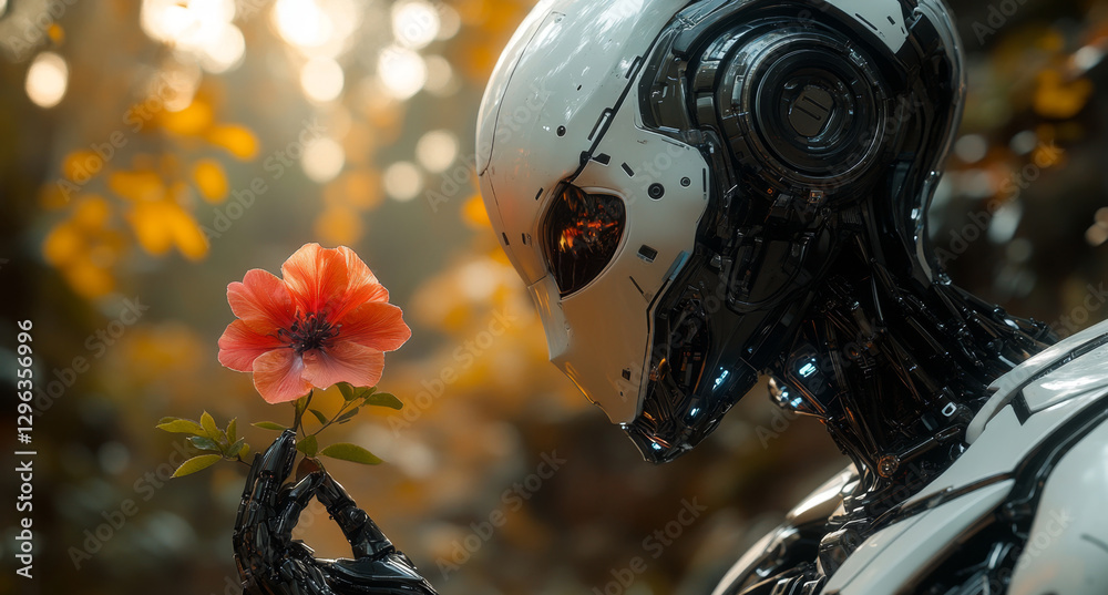 Aufkleber a humanoid robot delicately holds a vibrant flower, reflecting a blend of technology and nature in a