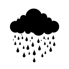 An illustration featuring a black rain cloud silhouette set against a clean white background depicting a cloud with detailed raindrops falling.