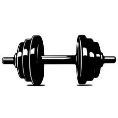 An illustration featuring a black dumbbell silhouette set against a clean white background depicting a weight with detailed grip and plates.