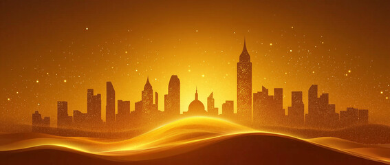 Obraz premium Golden Cityscape Silhouette at Sunset Abstract Urban Background Illustration
