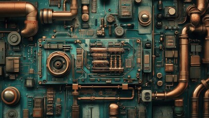 Steampunk circuit board with copper pipes and components.