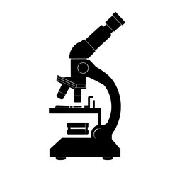 An illustration featuring a black microscope silhouette set against a clean white background depicting a laboratory microscope with detailed lenses and adjustment knobs.