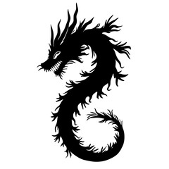 An illustration featuring a black sea dragon silhouette set against a clean white background showing a sea dragon with detailed body and leaf-like appendages, symbolizing mystery and beauty.