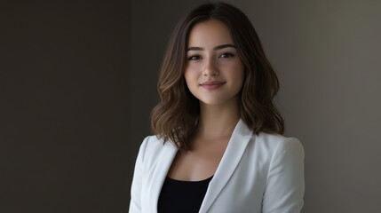 Obraz premium Portrait of a young businesswoman smiling confidently in professional attire, showcasing leadership and empowerment in a modern office environment.