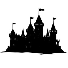 An illustration featuring a black castle silhouette set against a clean white background showing a medieval castle with detailed towers and battlements.