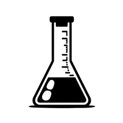 An illustration featuring a black flask silhouette set against a clean white background showing a laboratory flask with detailed measurements and shape.