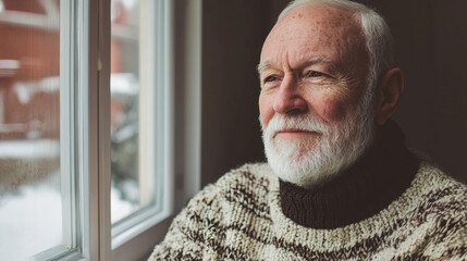 A peaceful portrait of an elderly Caucasian man with a white beard, wearing a knitted sweater, sitting by a window with soft natural light