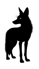 An illustration featuring a black jackal silhouette set against a clean white background depicting a jackal with detailed fur and stance, symbolizing intelligence and adaptability.
