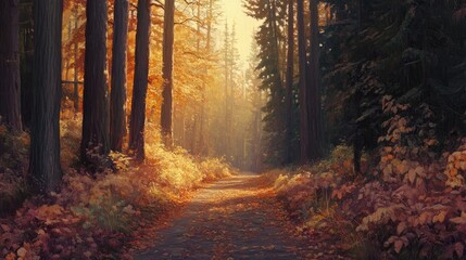 Obraz premium A serene autumn path through a forest, covered in colorful leaves with warm golden light filtering through the tall trees above
